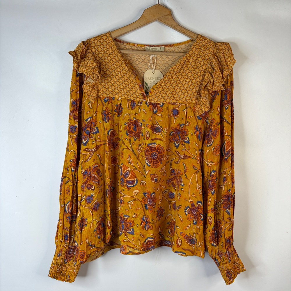 Farmers Market Blouse Women XL Spice Berry Ruffle Long Sleeve Boho Peasant